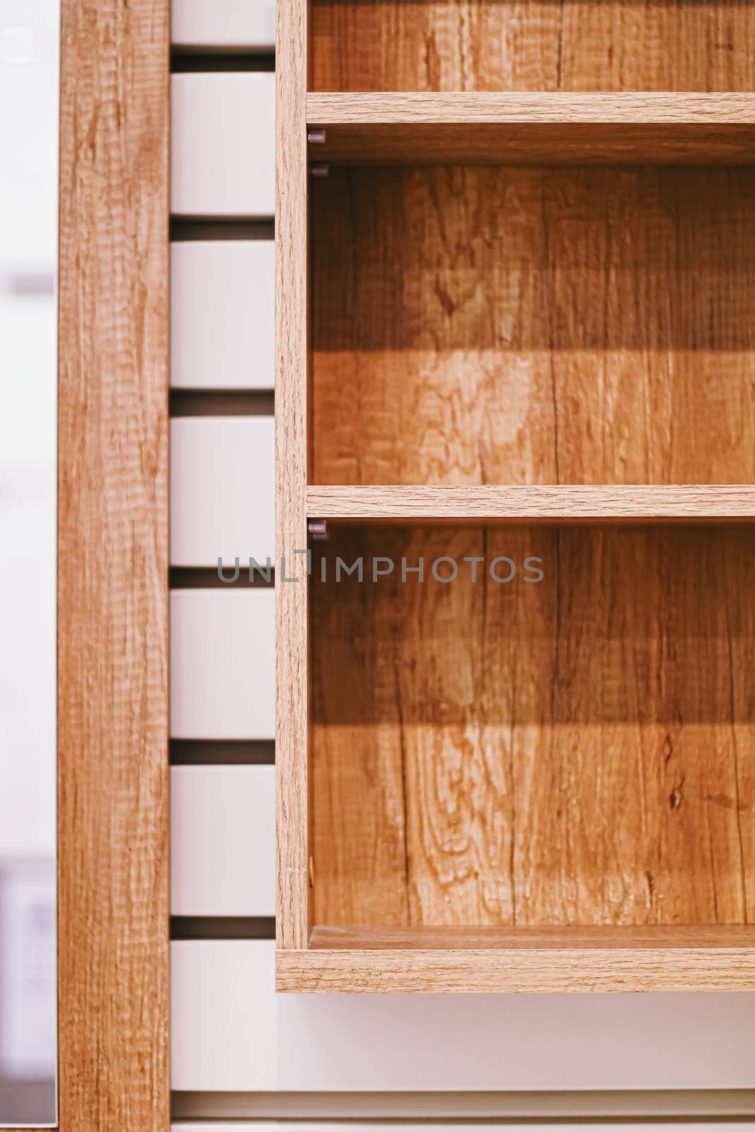 Empty wooden shelf, eco-friendly interior design and sustainable furniture materials concept