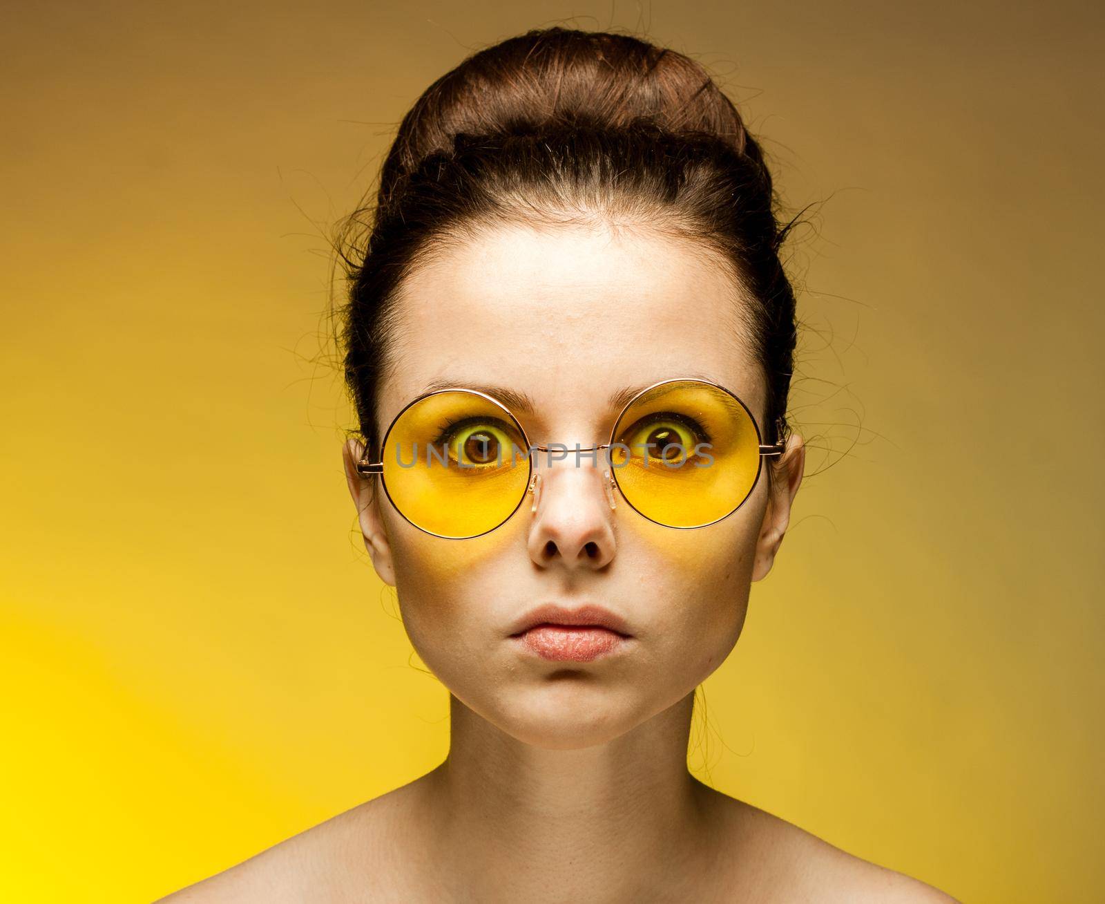 brunette with yellow glasses bare shoulders clear skin emotions by SHOTPRIME