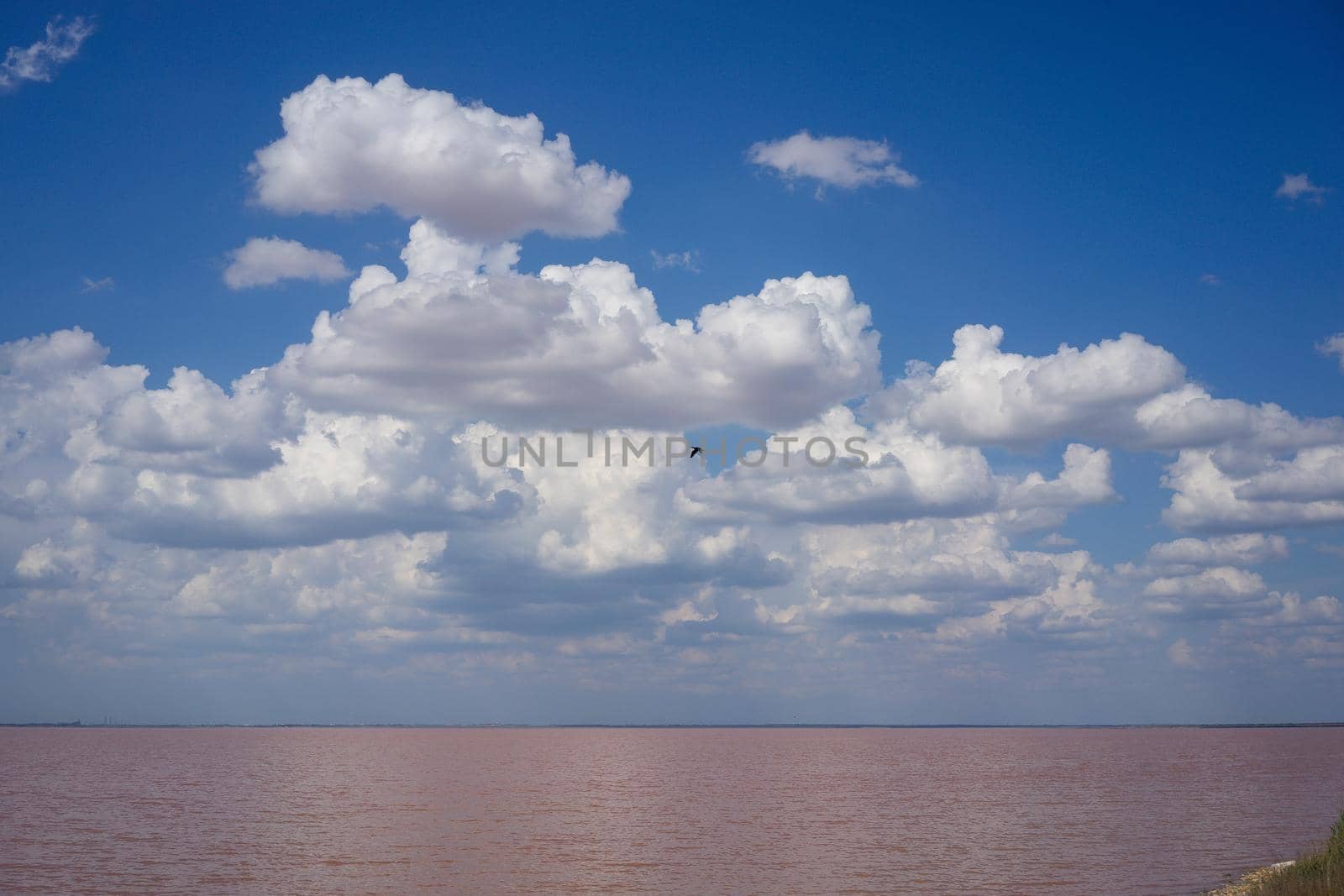 landscape overlooking a pink salt lake under a blue sky with clouds, natural beauty