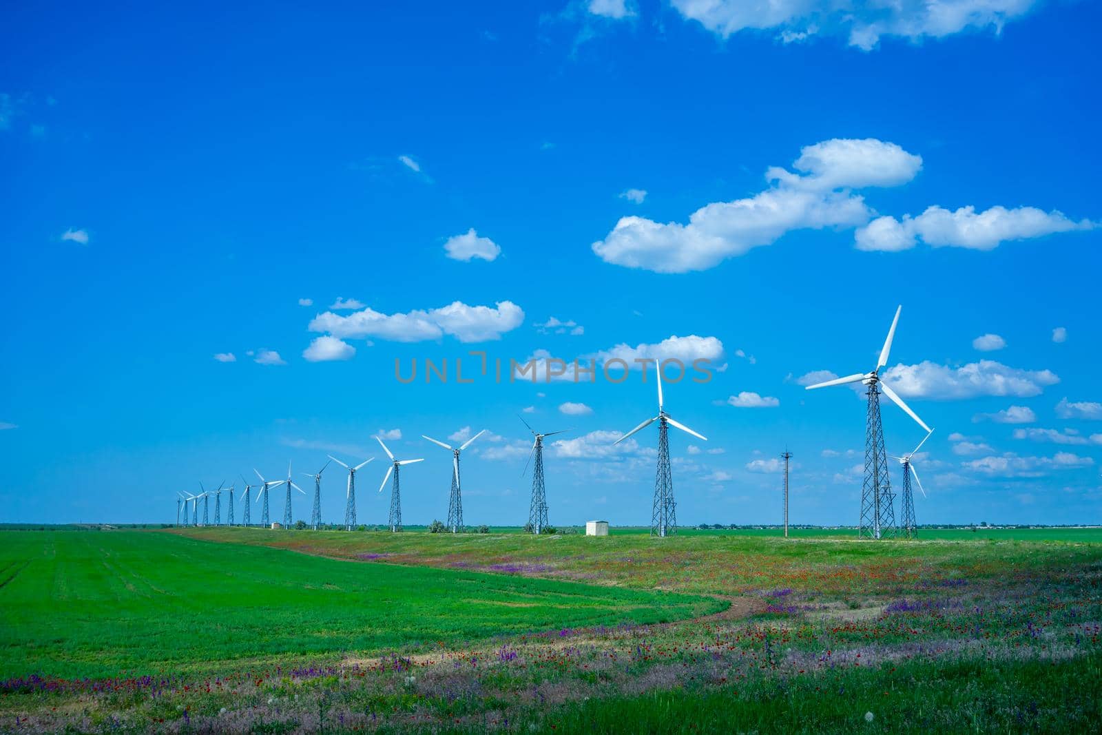 Landscape with wind farms on the background of a green field. Donuzlav, Crimea