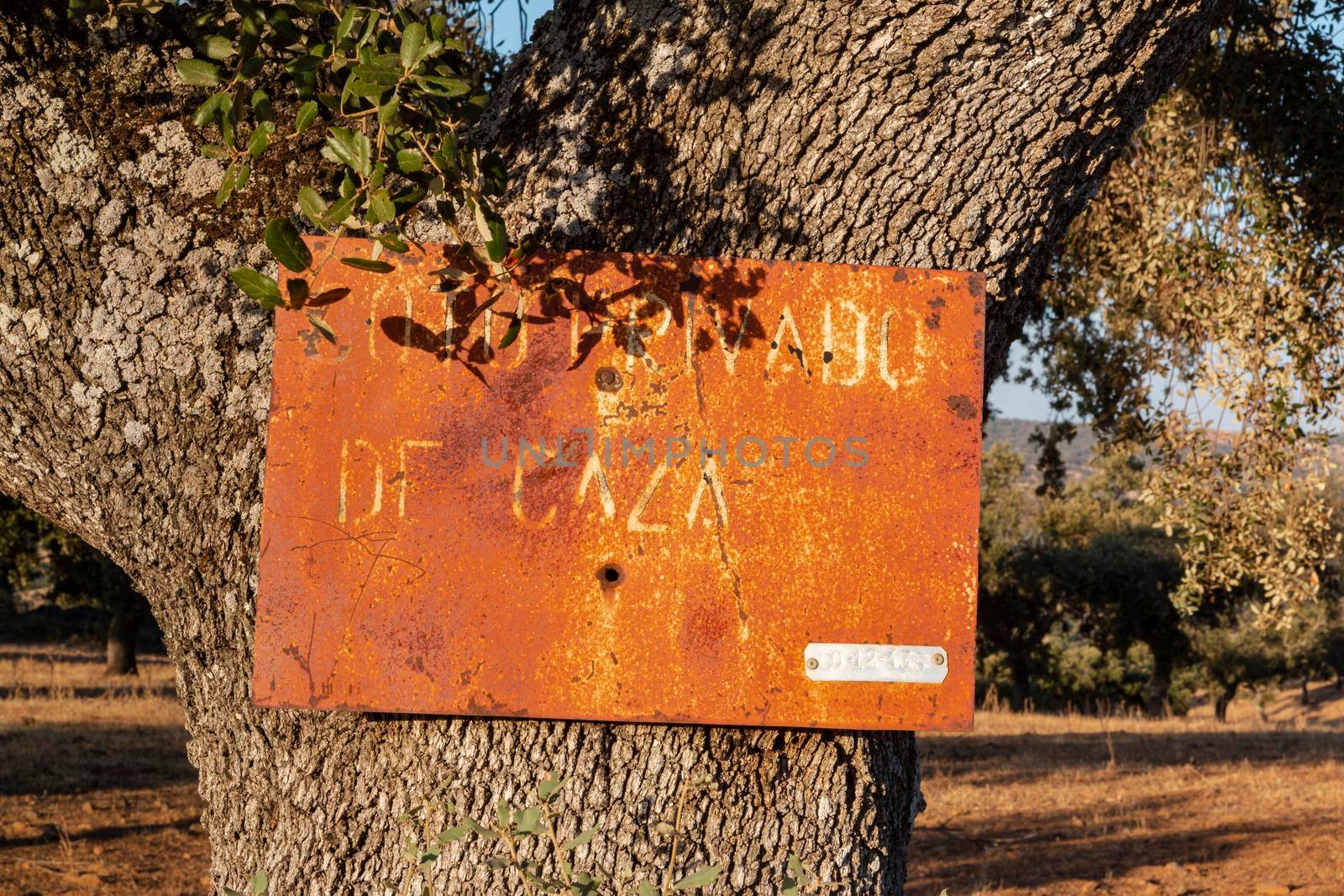 Hunting ground sign at sunset in southern Andalusia, Spain