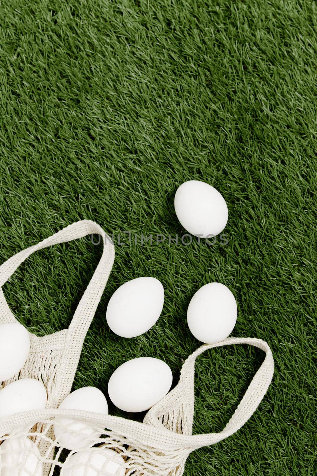 eggs in a bag lie on the lawn top view Spring holiday Easter. High quality photo