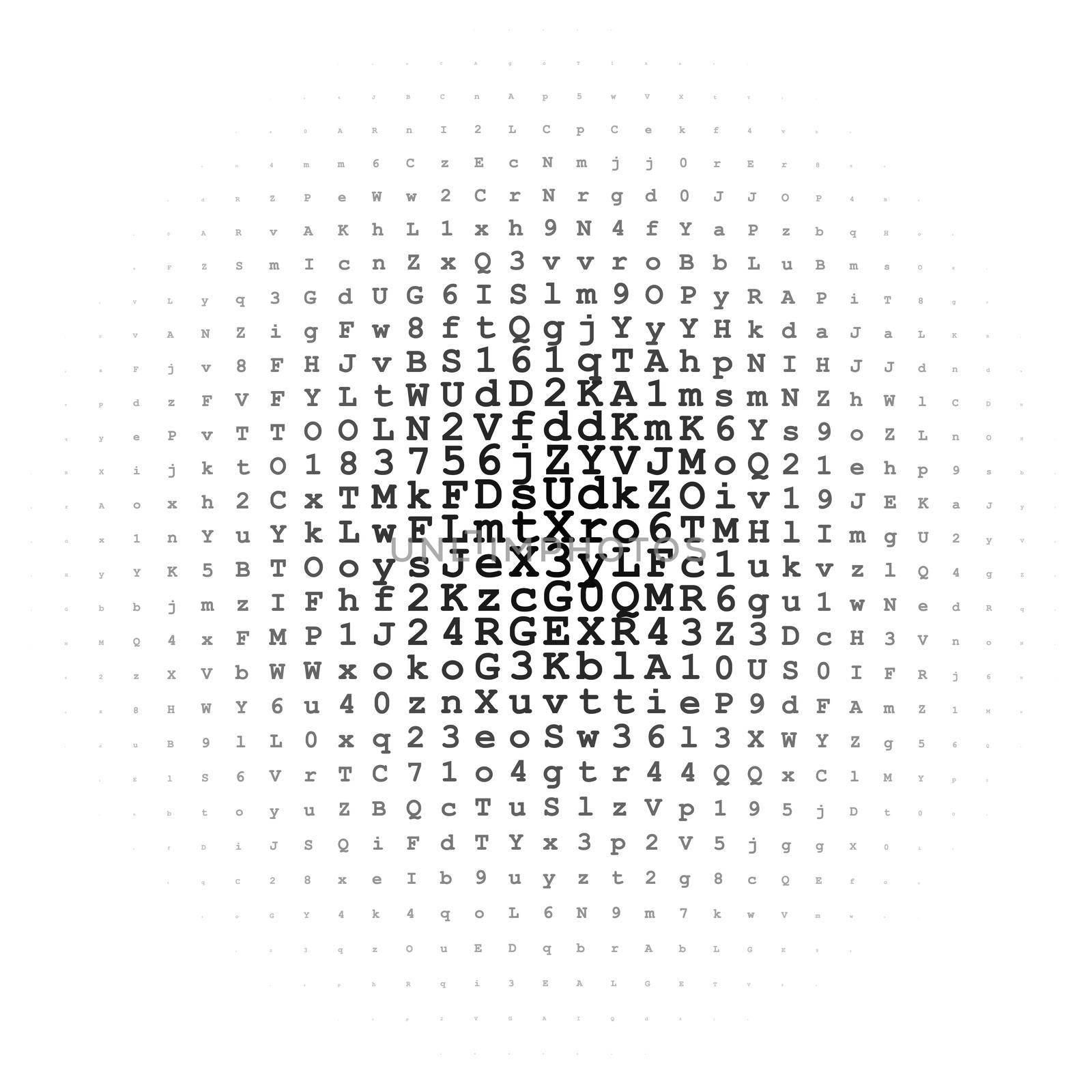 Halftone circle made of black letters and digits on white background illustration