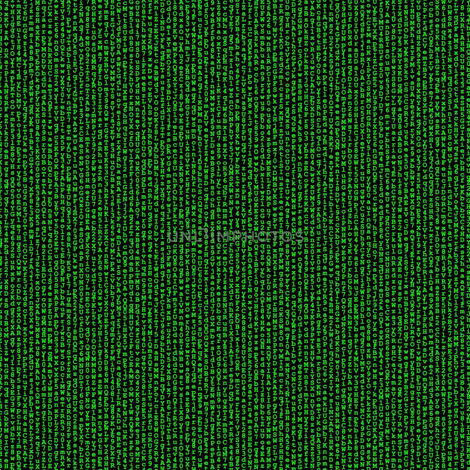 Green digital background, vertical lines of random letters and digits on black, matrix concept