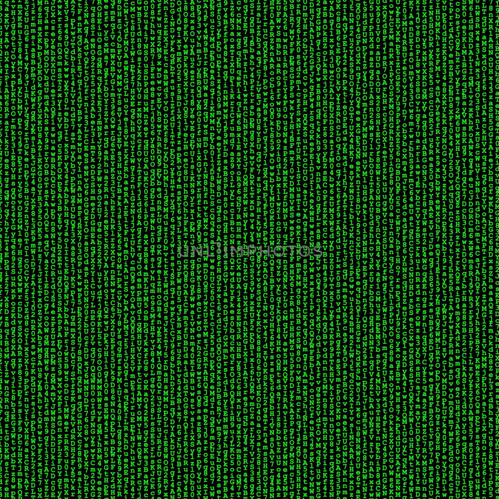 Green digital background, vertical lines of random letters and digits on black, matrix concept