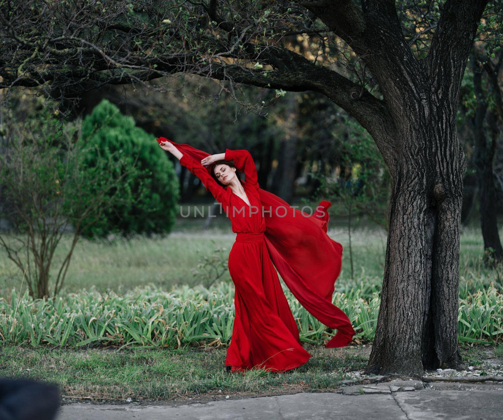 elegant woman in red dress posing near tree luxury summer. High quality photo