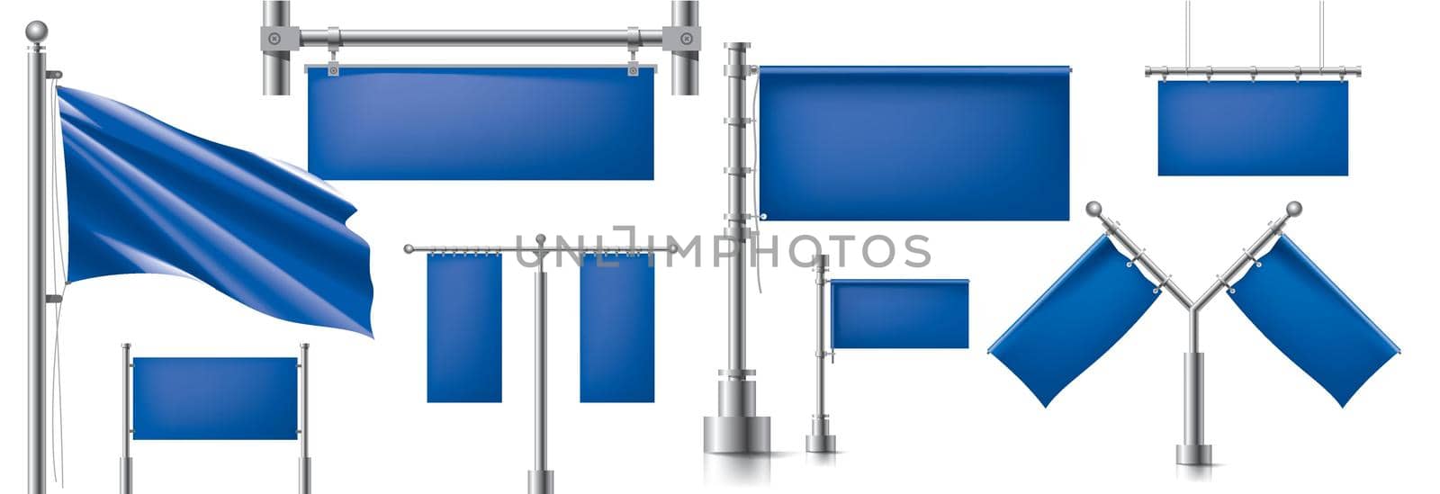 Large vector set of blue flags, ribbons and various design elements.