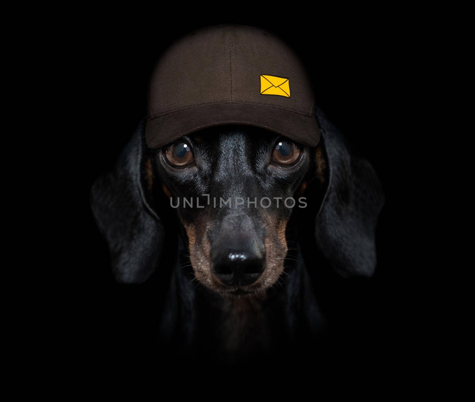 dachshund sausage dog delivering a big yellow package as a postman with cap , isolated on black dark dramatic background