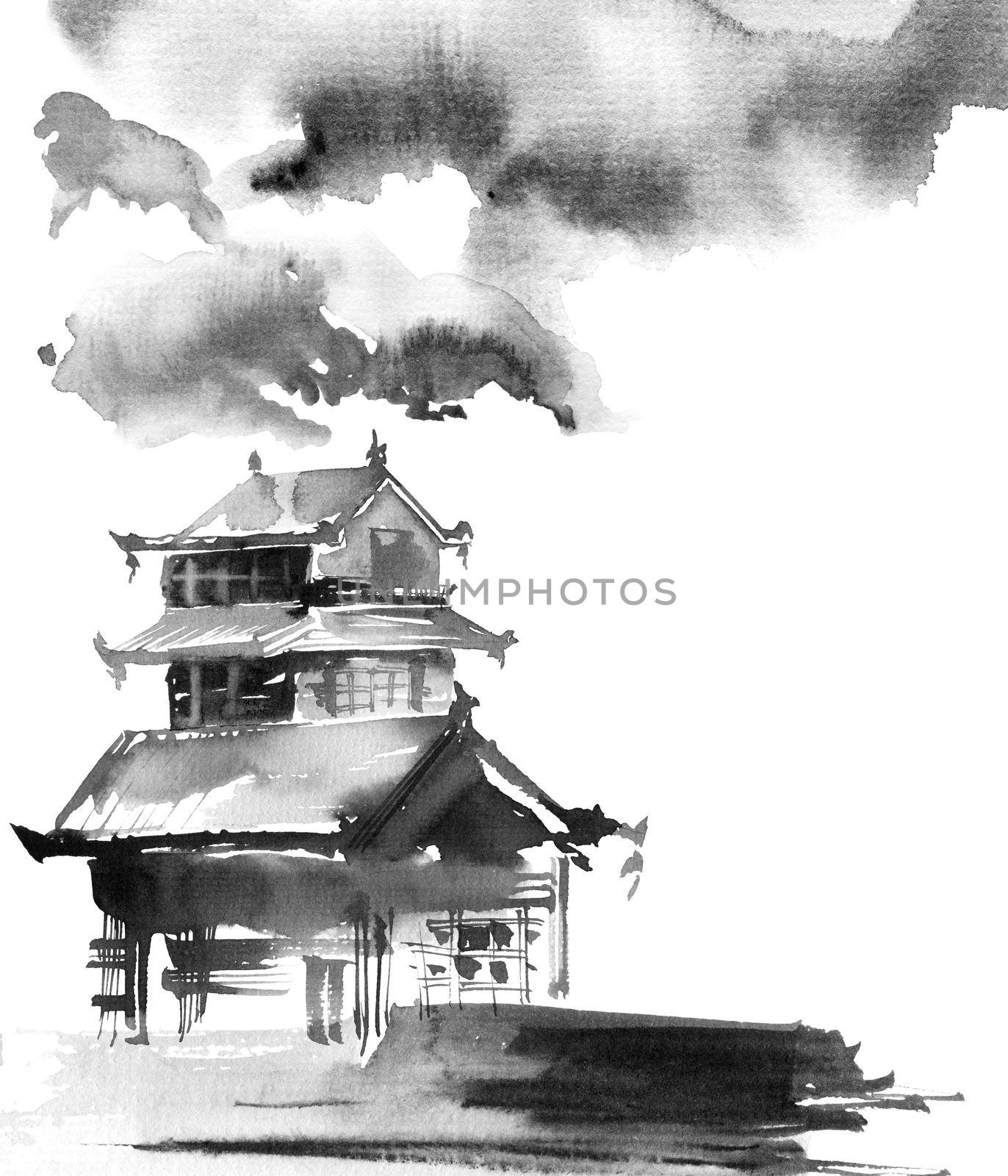 Traditional japanese building and cloudy sky on white background. Artistic painting by ink and watercolor in sumi-e style.