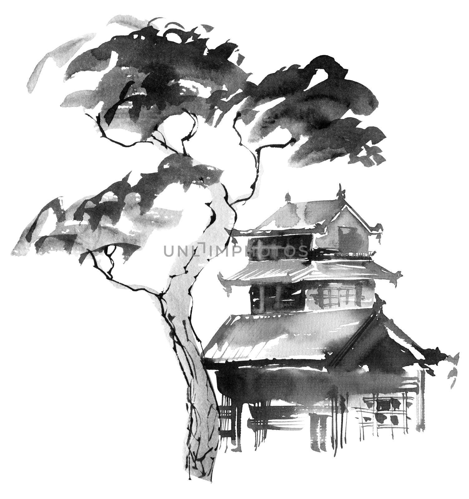 Tree and traditional japanese building on white background. Artistic painting by ink and watercolor in sumi-e style.