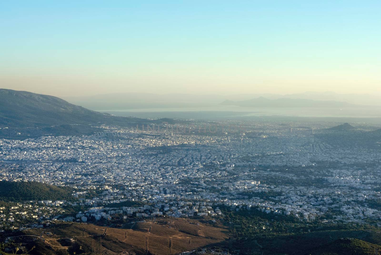 Panoramic view over Athens, taken shot from Penteli mountain.