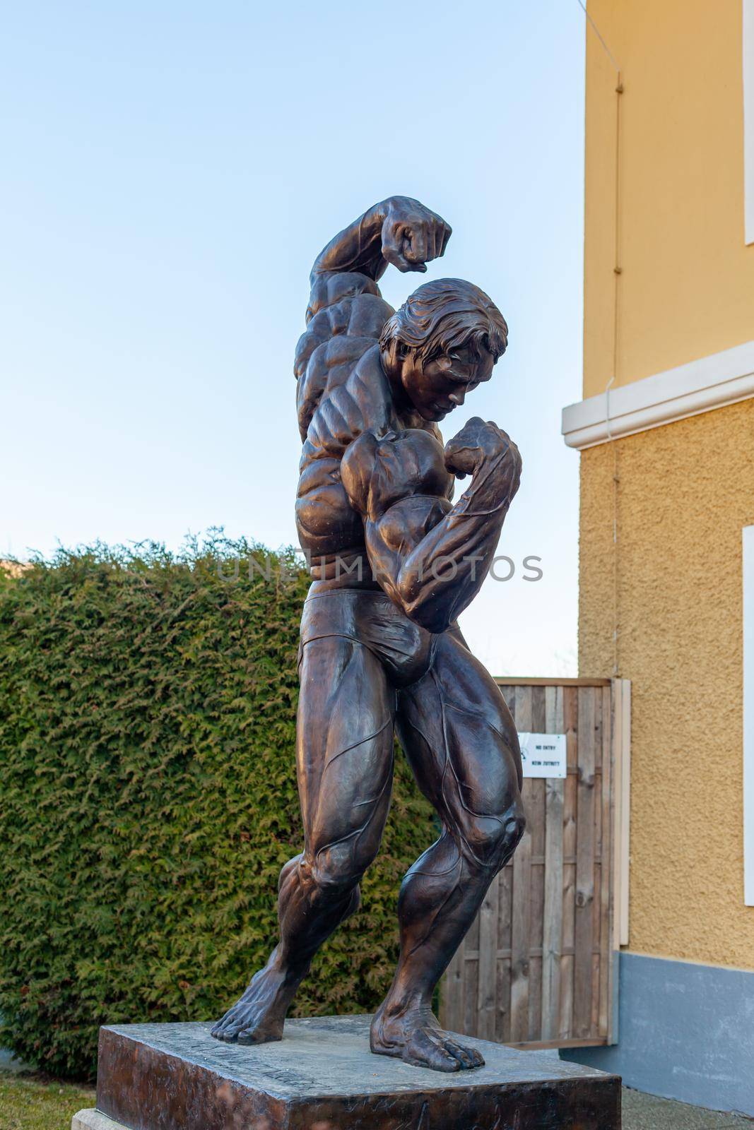THAL, AUSTRIA - MARCH 6, 2021: Statue of Arnold Schwarzenegger in front of his museum.