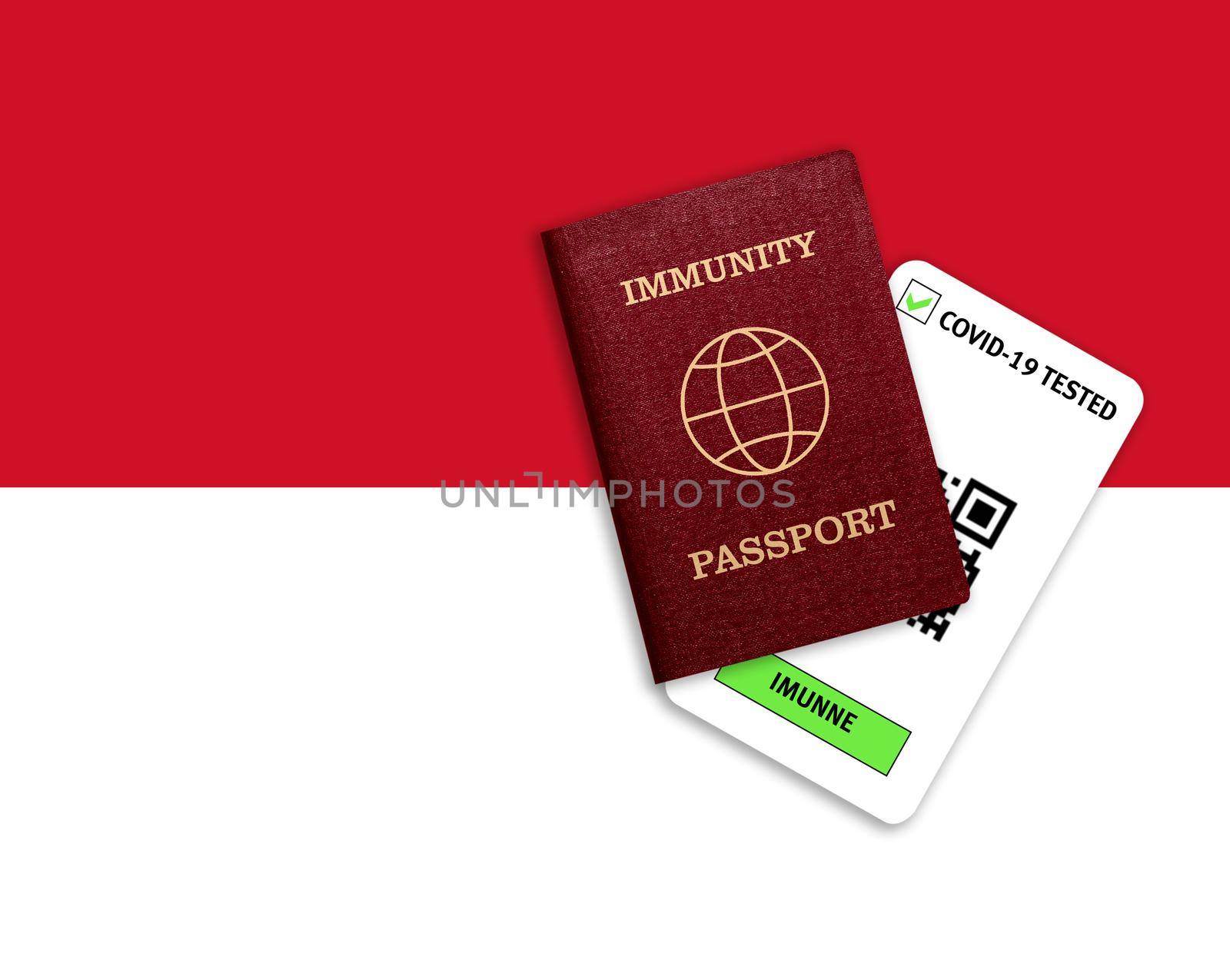 Immunity passport and test result for COVID-19 on flag of monaco. by galinasharapova