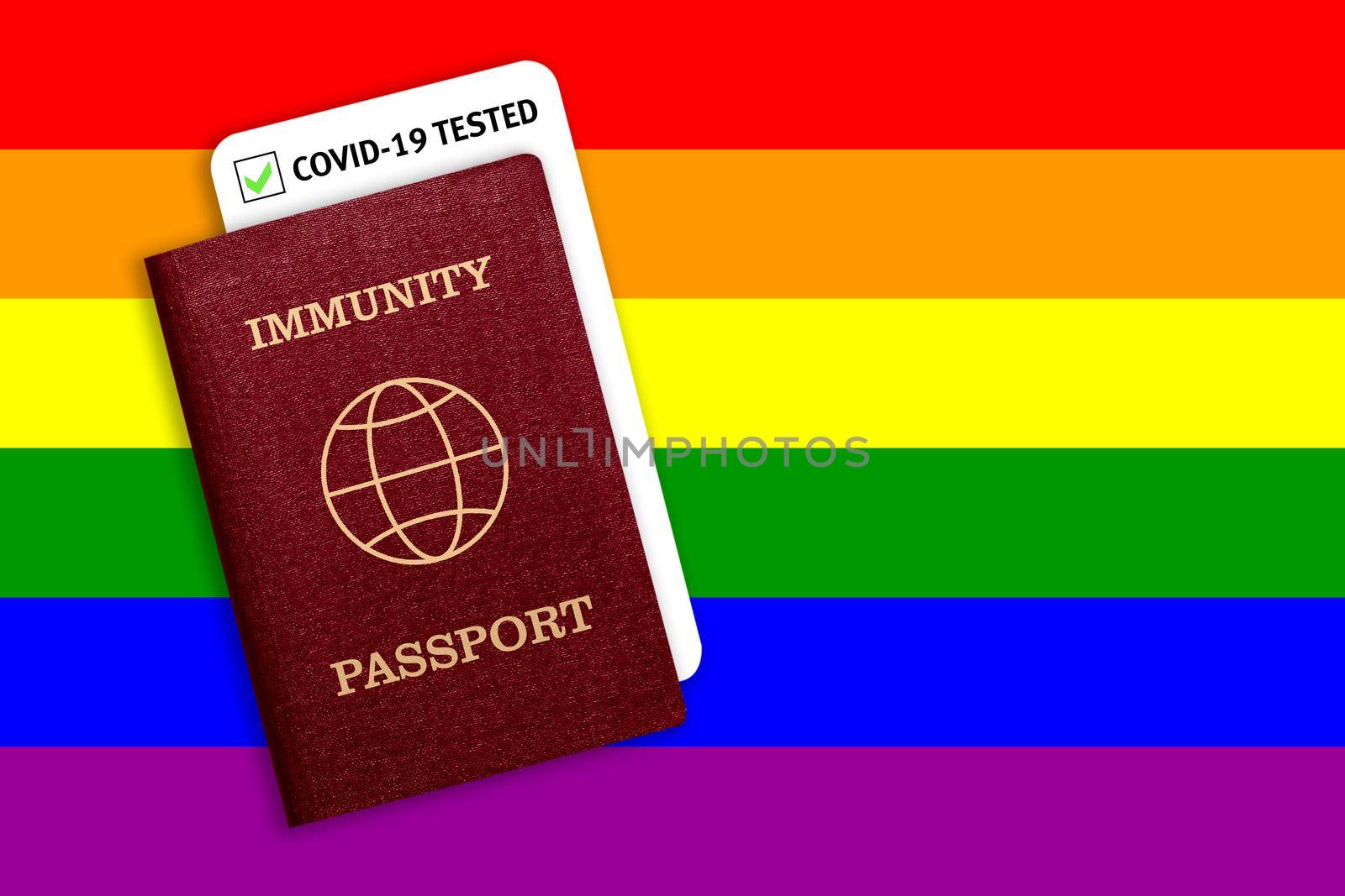 Immunity passport and test result for COVID-19 on flag of lgbt. by galinasharapova