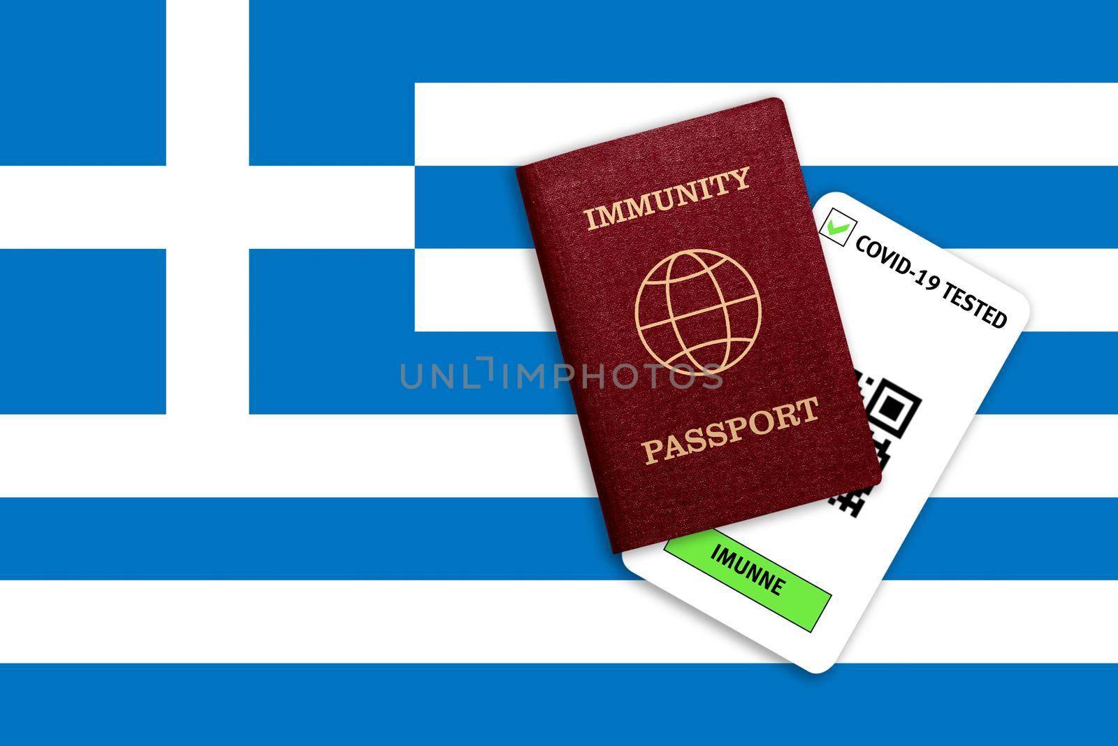 Concept of immunity to coronavirus. Immunity passport and test result for COVID-19 on flag of Greece. Vaccination passport against covid-19 that allows you travel around the world.