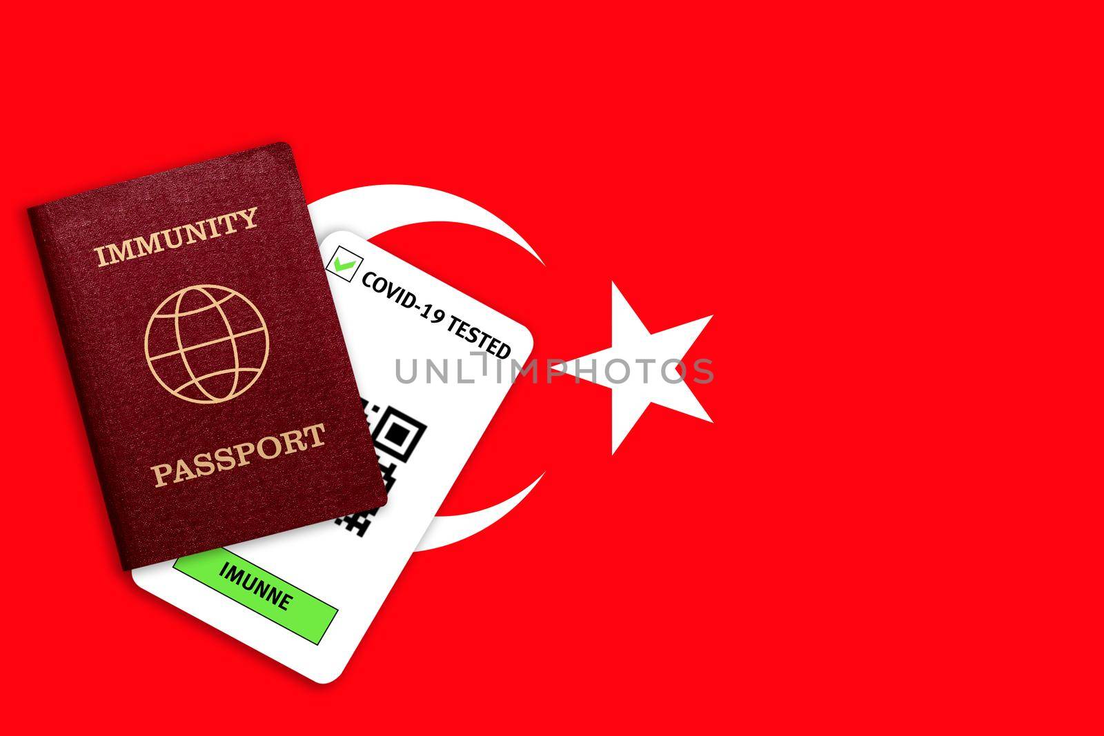 Concept of immunity to coronavirus. Immunity passport and test result for COVID-19 on flag of Turkey. Vaccination passport against covid-19 that allows you travel around the world..