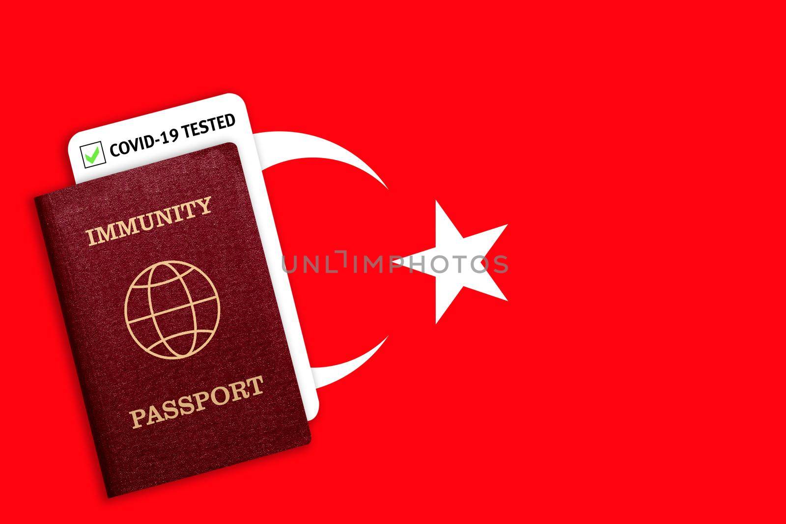 Immunity passport and test result for COVID-19 on flag of Turkey. by galinasharapova