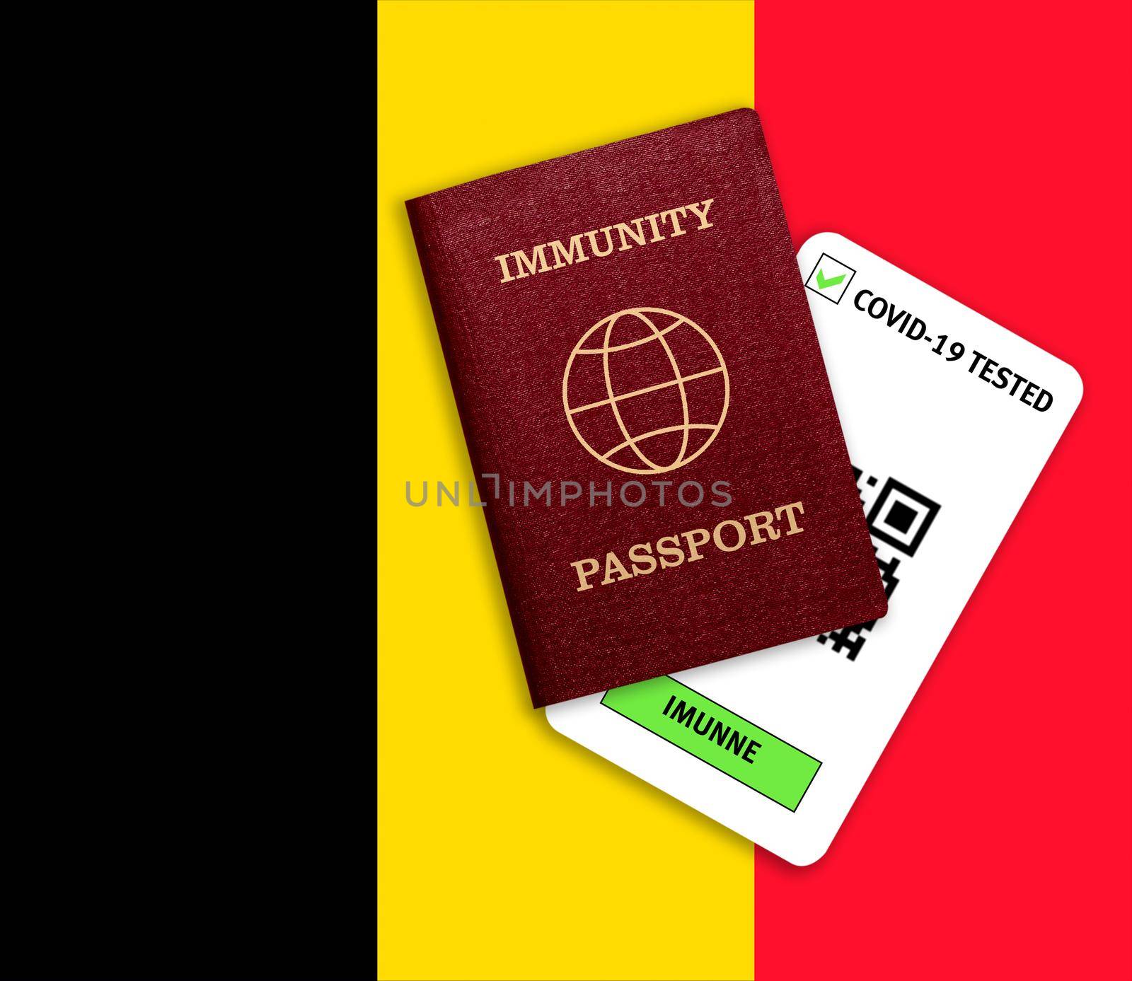 Concept of immunity to coronavirus. Immunity passport and test result for COVID-19 on flag of Belgium. Vaccination passport against covid-19 that allows you travel around the world..