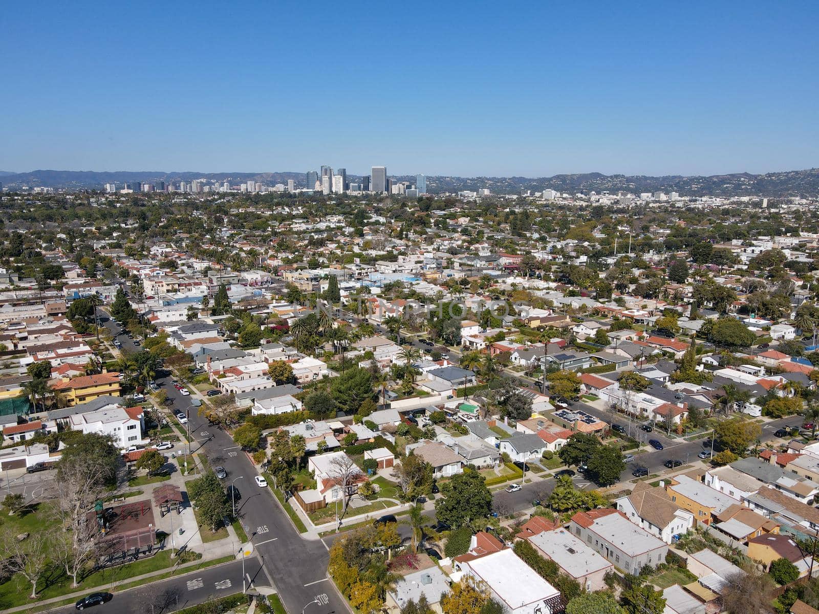 Aerial view above Reynier Village neighborhood in West Los Angeles by Bonandbon