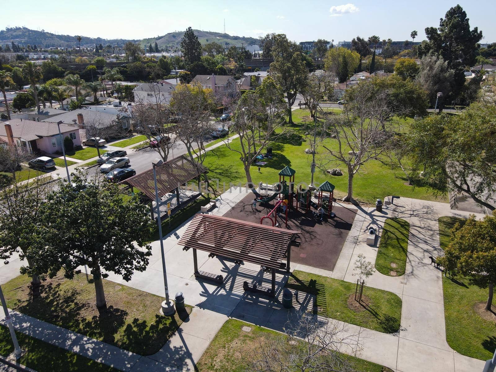 Aerial view above small park at Reynier Village neighborhood in West Los Angeles, California. USA