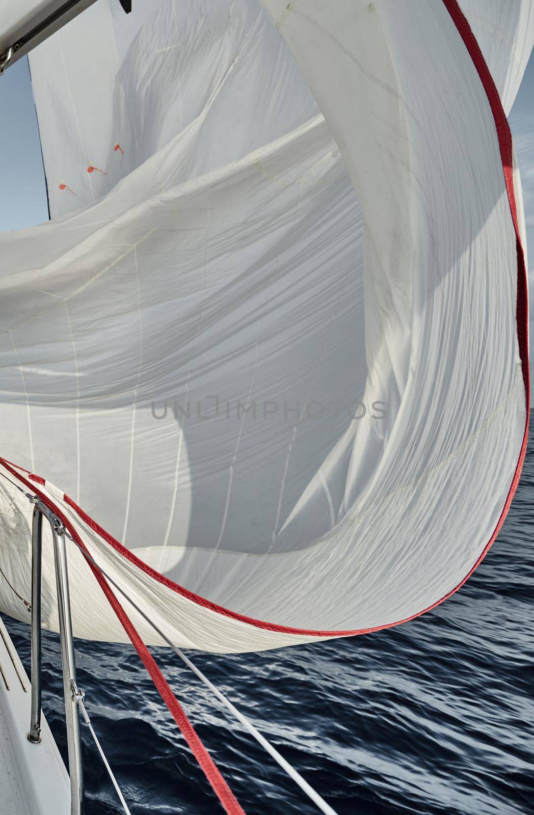 Spinnaker of white color, the sail flutters on a wind, sailing regatta at sunset, a race, reflection on water by vladimirdrozdin