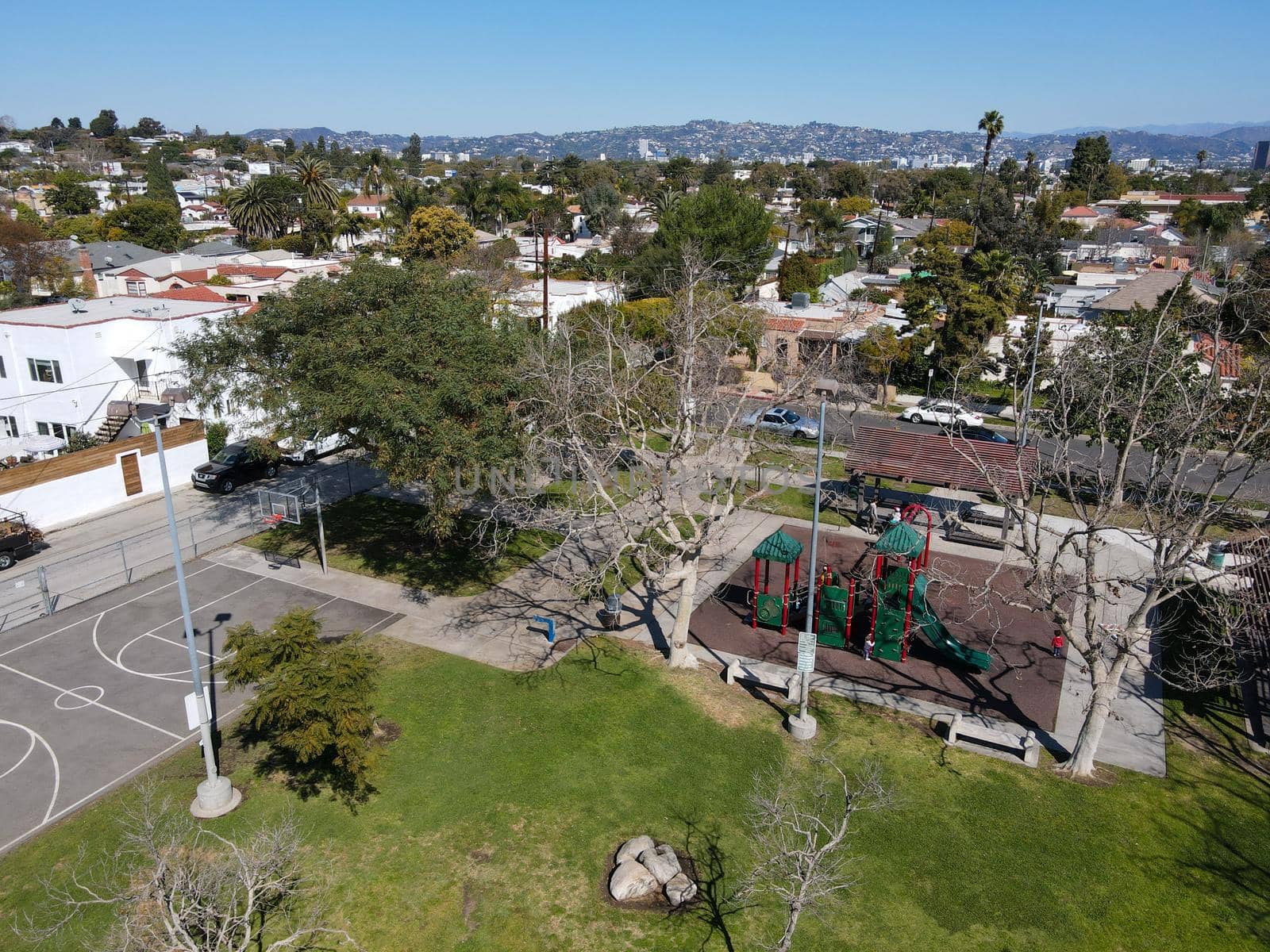 Aerial view above small park at Reynier Village neighborhood in West Los Angeles by Bonandbon