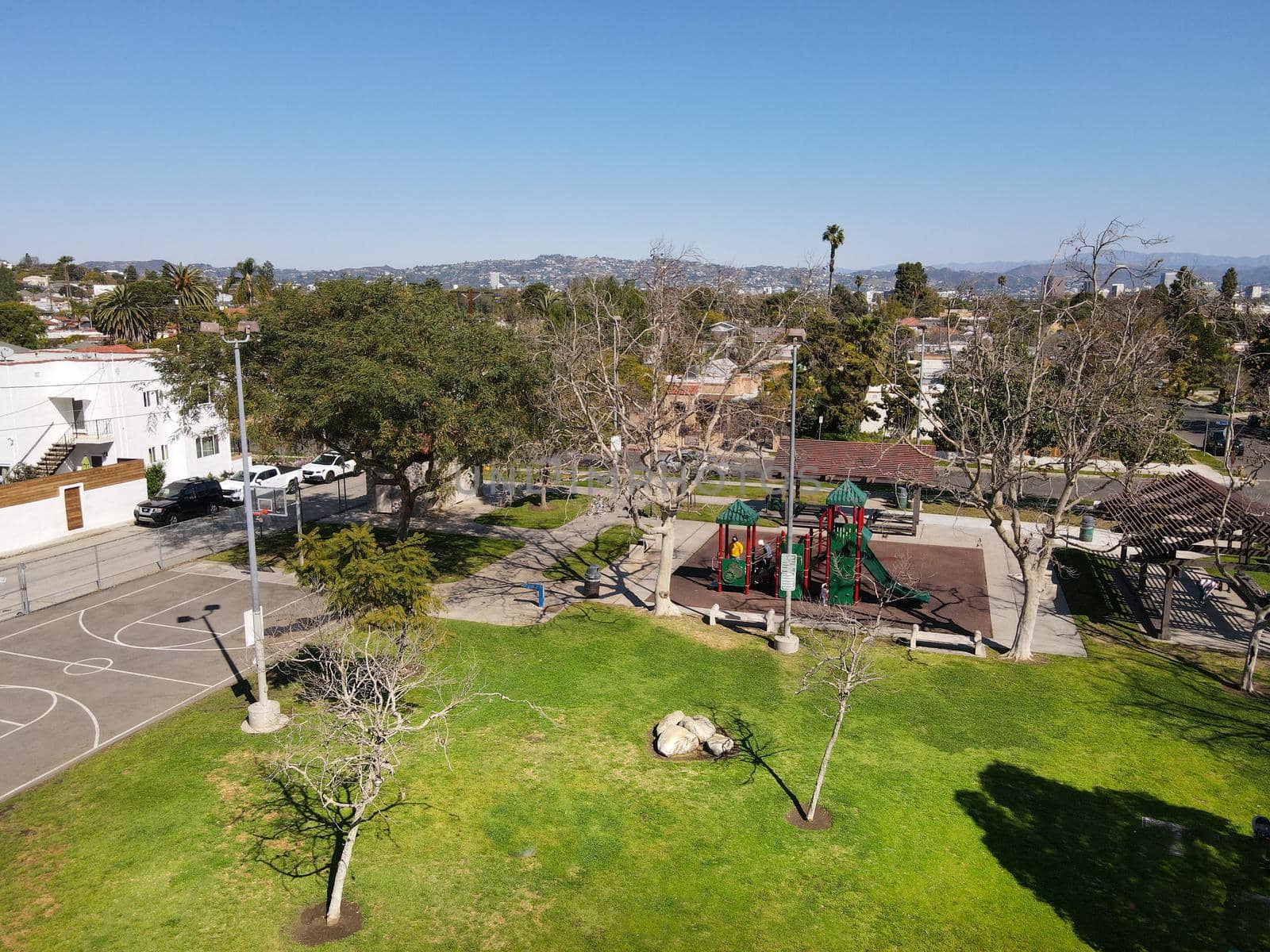 Aerial view above small park at Reynier Village neighborhood in West Los Angeles, California. USA