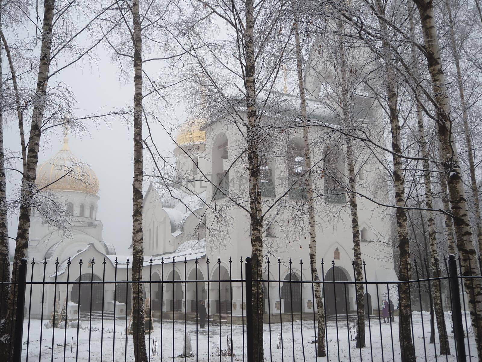 White Orthodox church with golden domes in winter. by Olga26