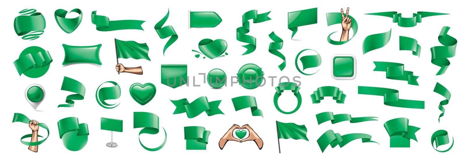 Large vector set of green flags, ribbons and various design elements by butenkow