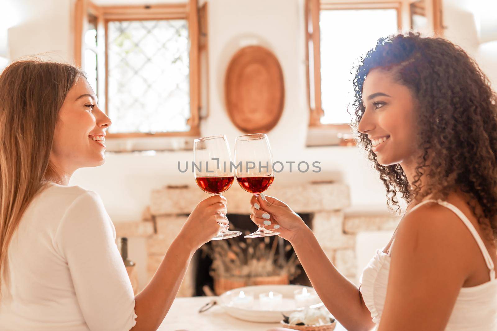 Charme, beauty and happiness: multiracial young women couple toasting with red wine looking in the eyes each other with bright sun entering the house through the open windows illuminating the room by robbyfontanesi