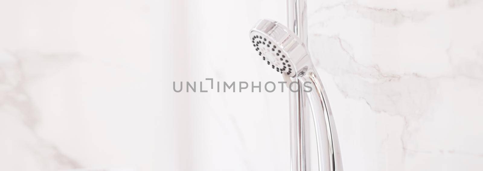 Shower head in luxury bathroom, eco-friendly interior design and sustainable materials concept