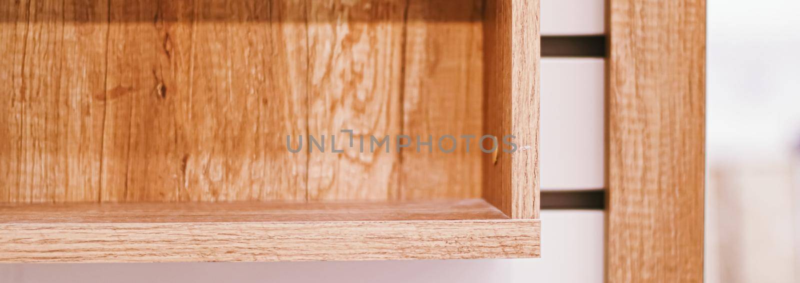 Empty wooden shelf, eco-friendly interior design and sustainable furniture materials concept