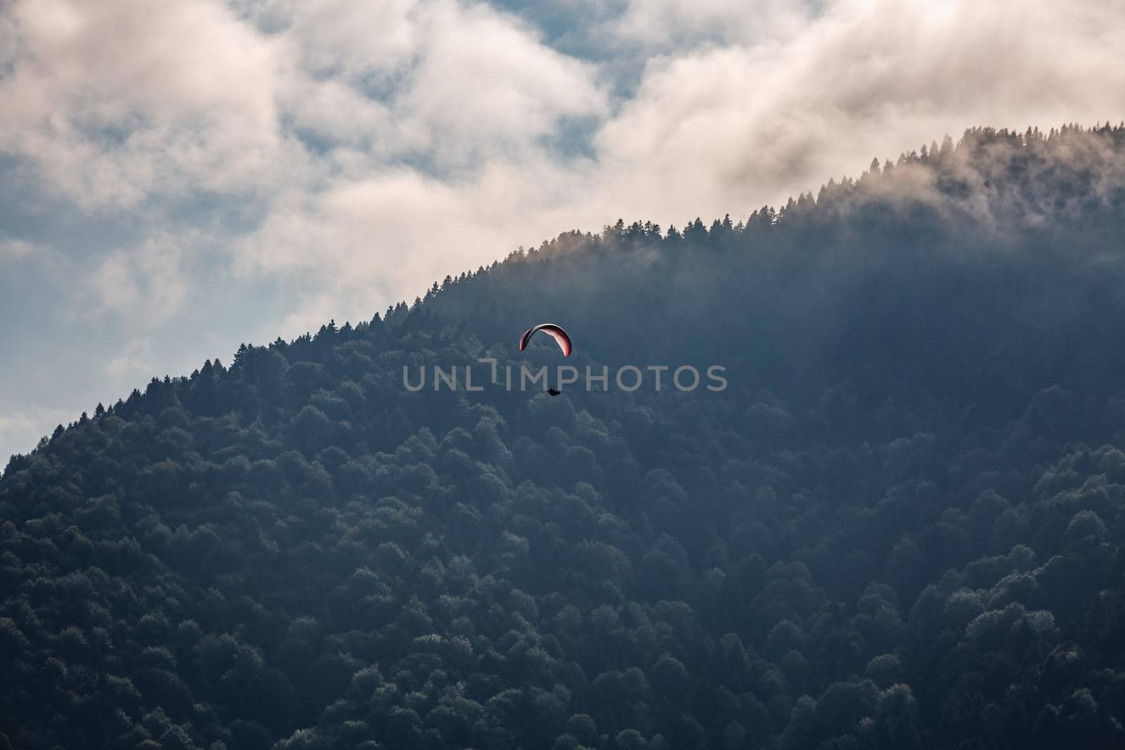 Paragliding in the sky over Uzungol, Trabzon, Turkey.