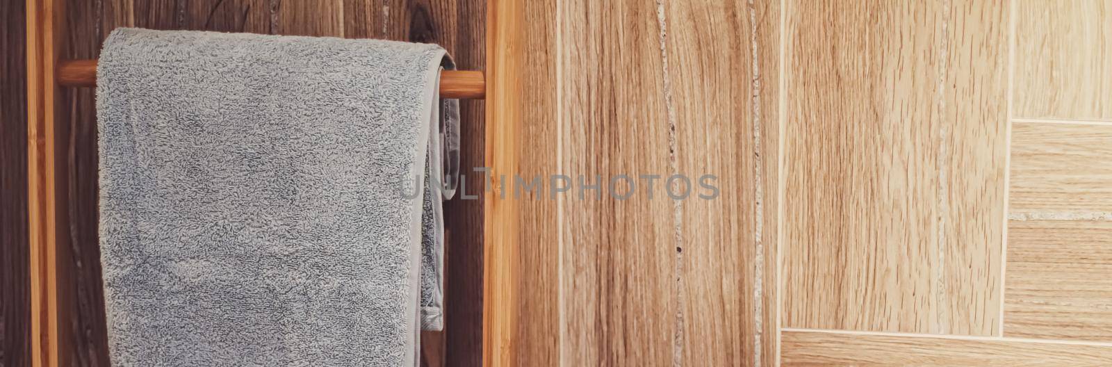 Organic and sustainable bath towel in an eco-friendly bathroom, home decor and luxury interior design by Anneleven
