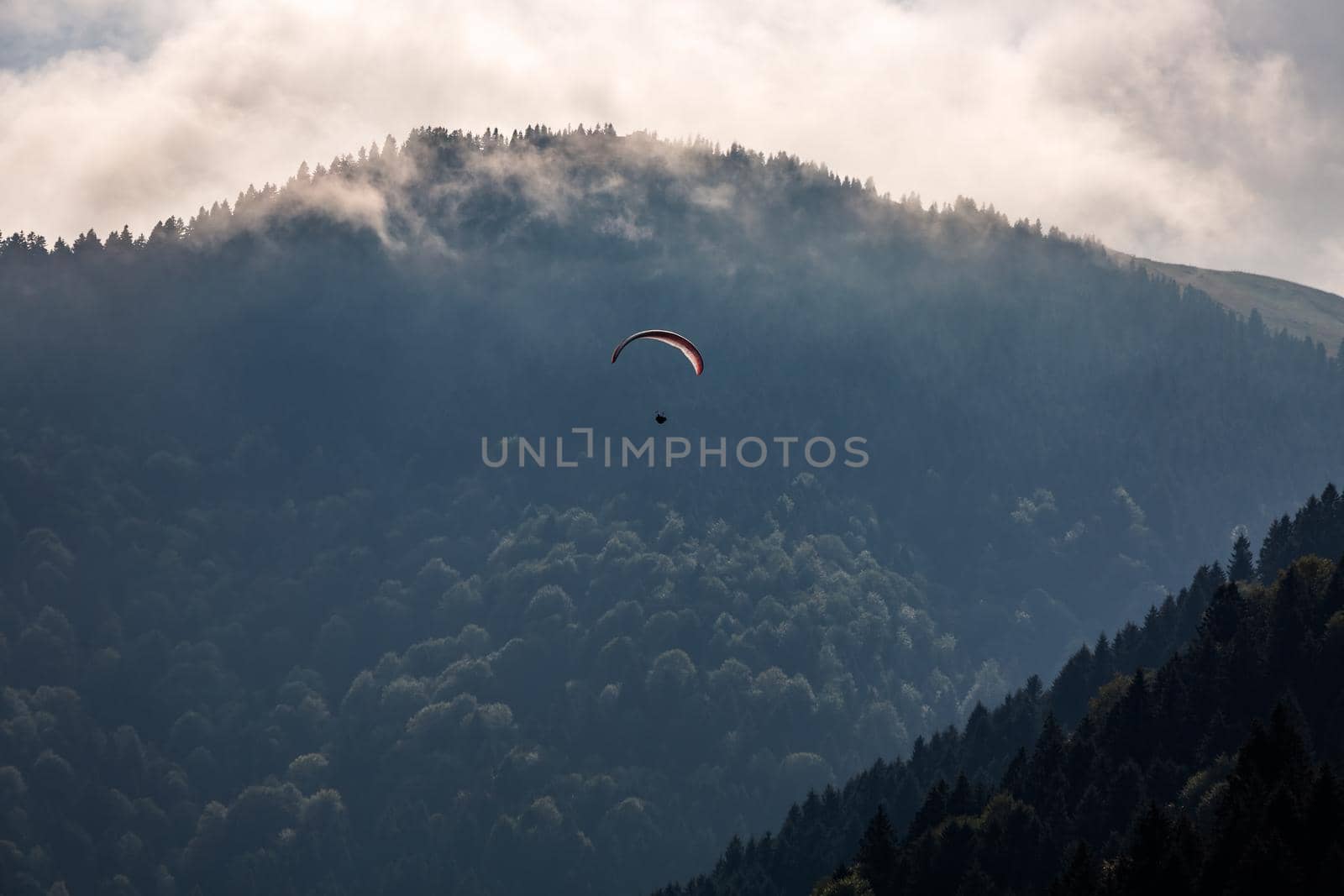 Paragliding in the sky over Uzungol, Trabzon, Turkey.
