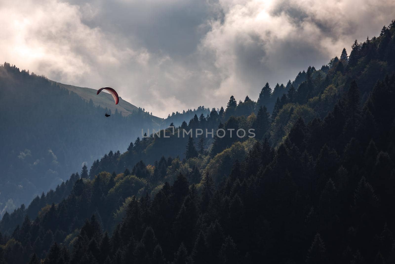 Paragliding in the sky over Uzungol, Trabzon, Turkey.