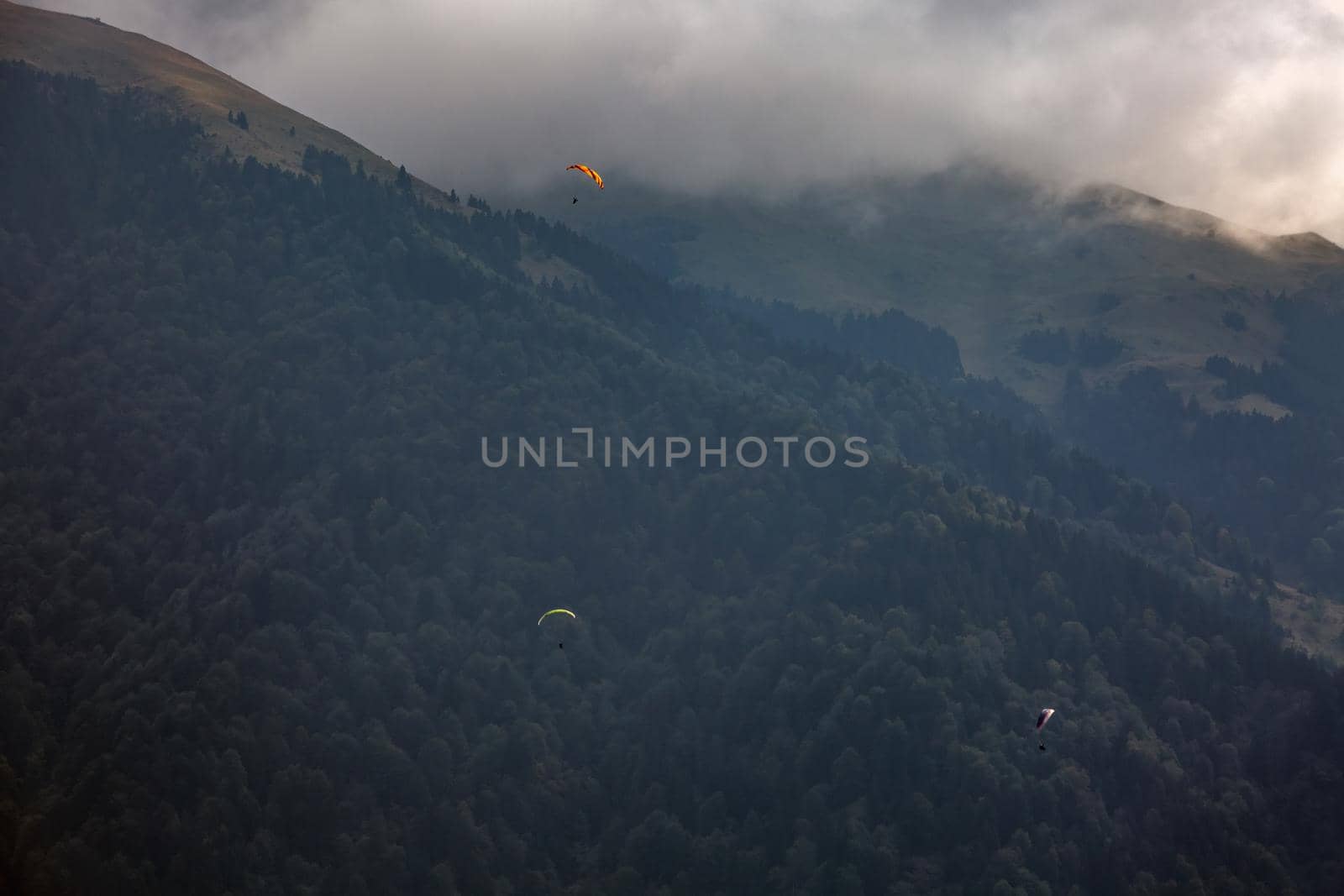 Paragliding in the sky over Uzungol, Trabzon, Turkey.