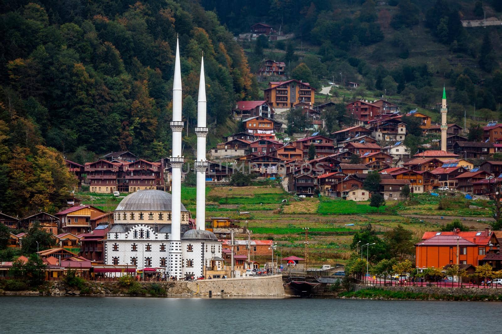 View of the mosque on the shore of the mountain lake Uzungol, Trabzon, Turkey.