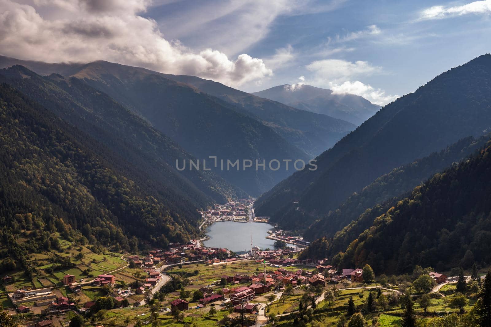View of the mosque on the shore of the mountain lake Uzungol, Trabzon, Turkey.