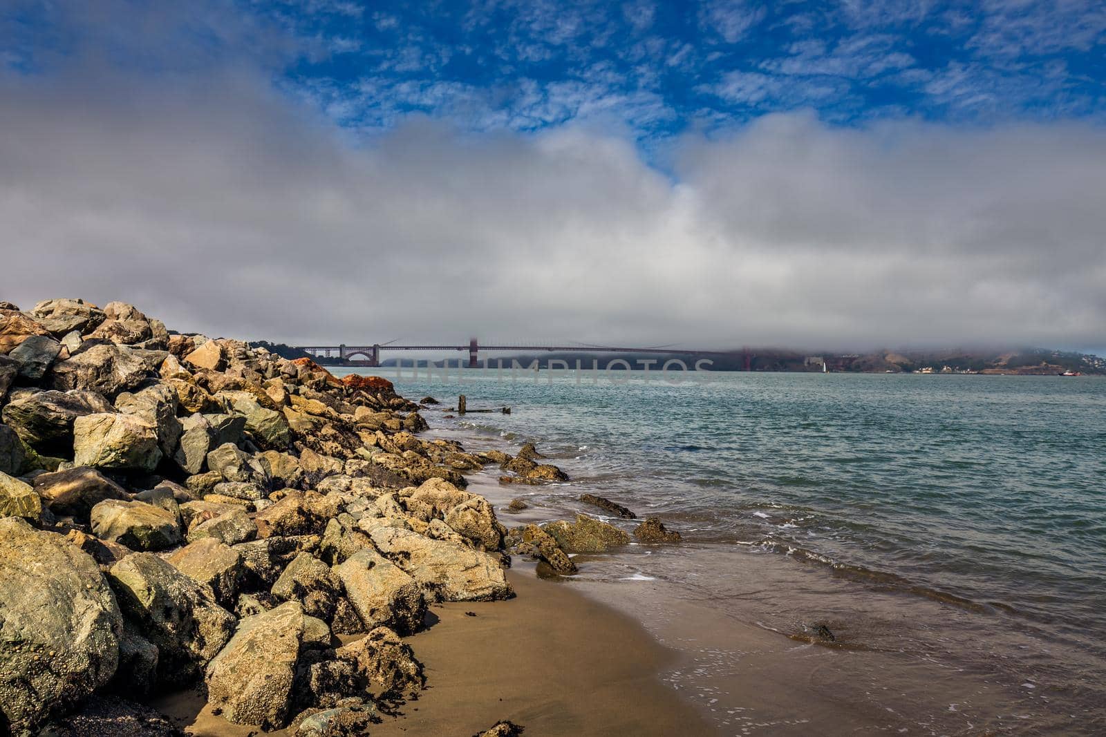 Travel in San Francisco. Shore and the view of Golden Gate Bridge, San Francisco, California, USA.