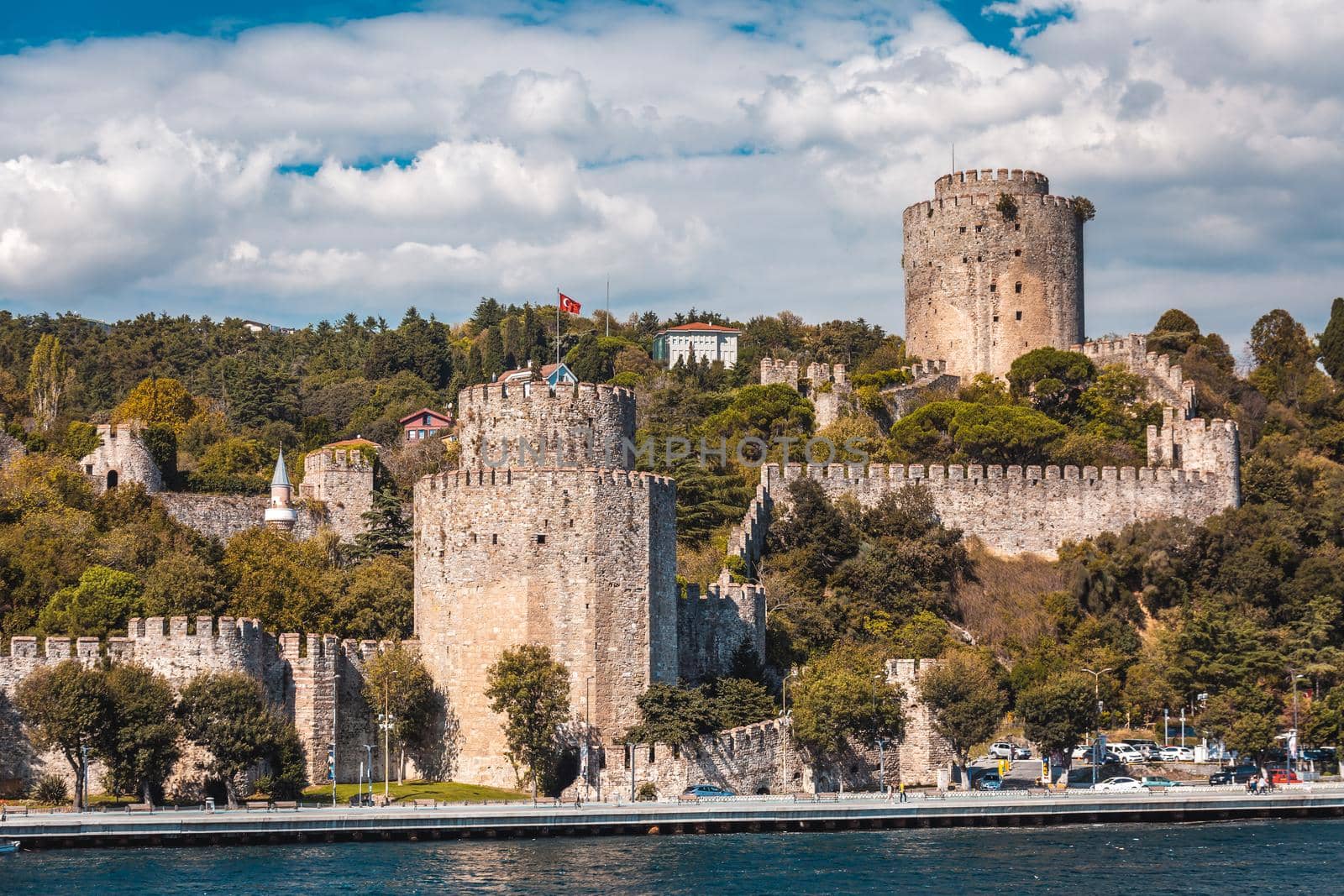 A view from the Bosphorus to Rumelihisari, known as the Rumelian castle and Hissar Rumeli castle in Istanbul, Turkey.