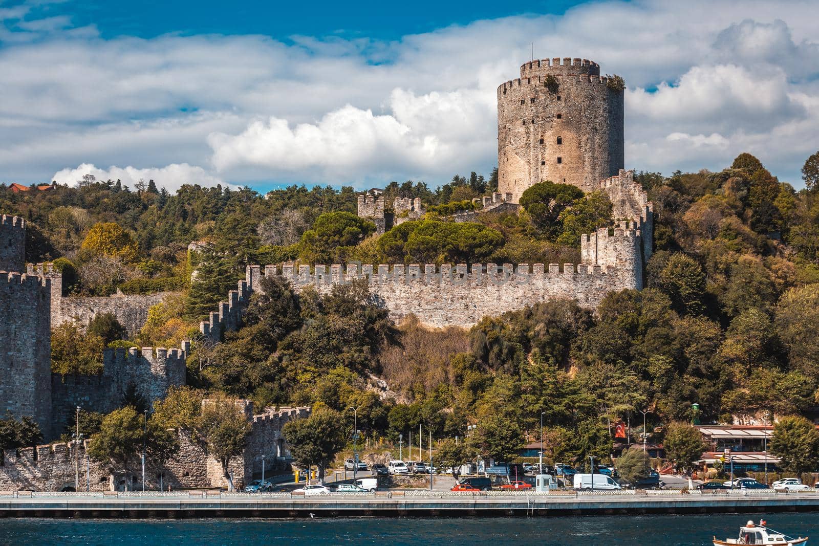 A view from the Bosphorus to Rumelihisari, known as the Rumelian castle and Hissar Rumeli castle in Istanbul, Turkey.