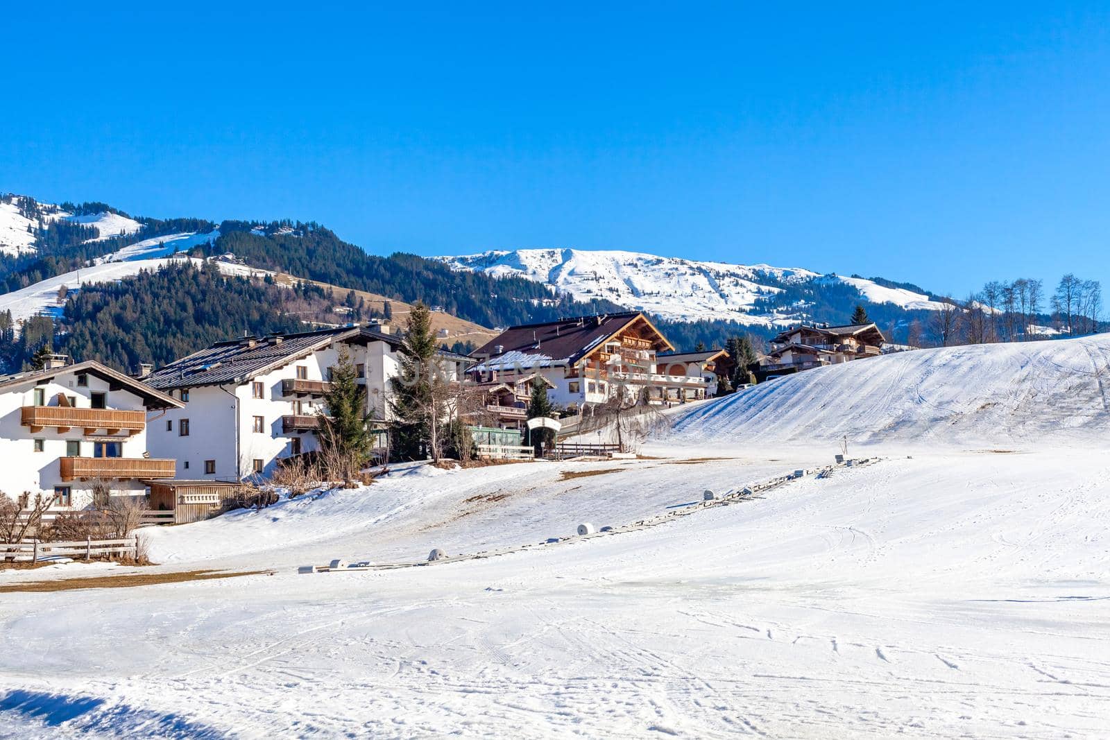 mountain village with accommodation and ski resort.