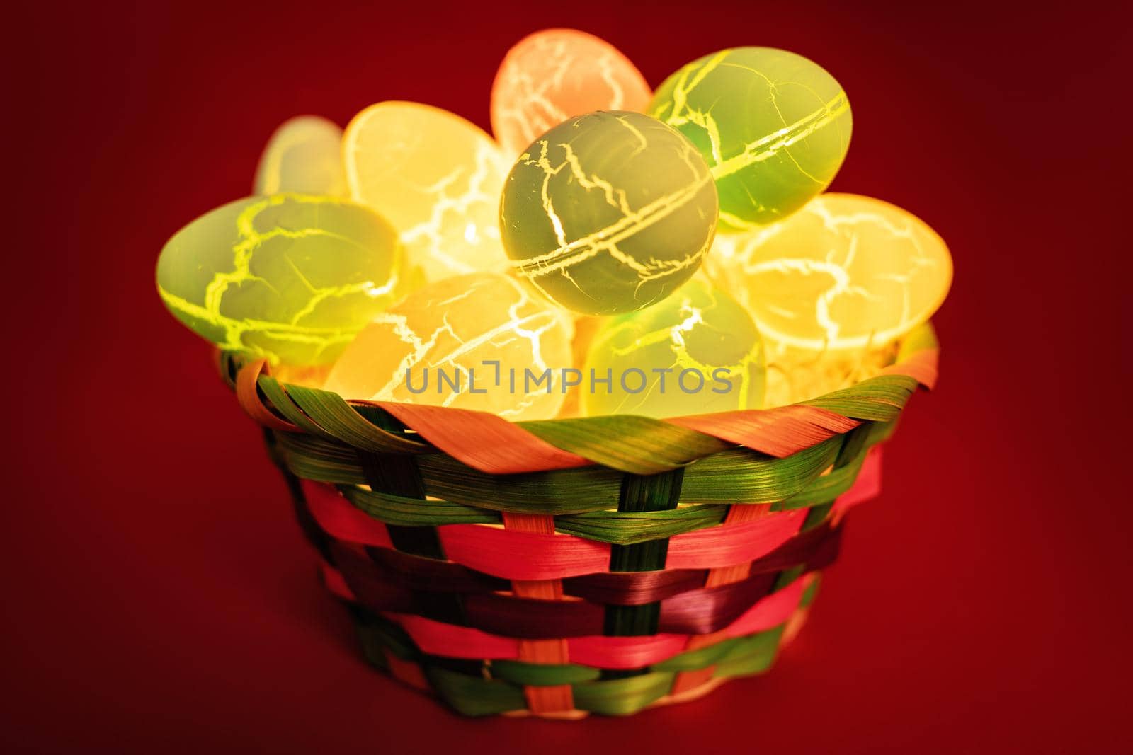 Close up of lights in the sahepe od Easter eggs in a colorful basket, on red background. Easter decoration concept. Fun and colorful Easter celebration concept.
