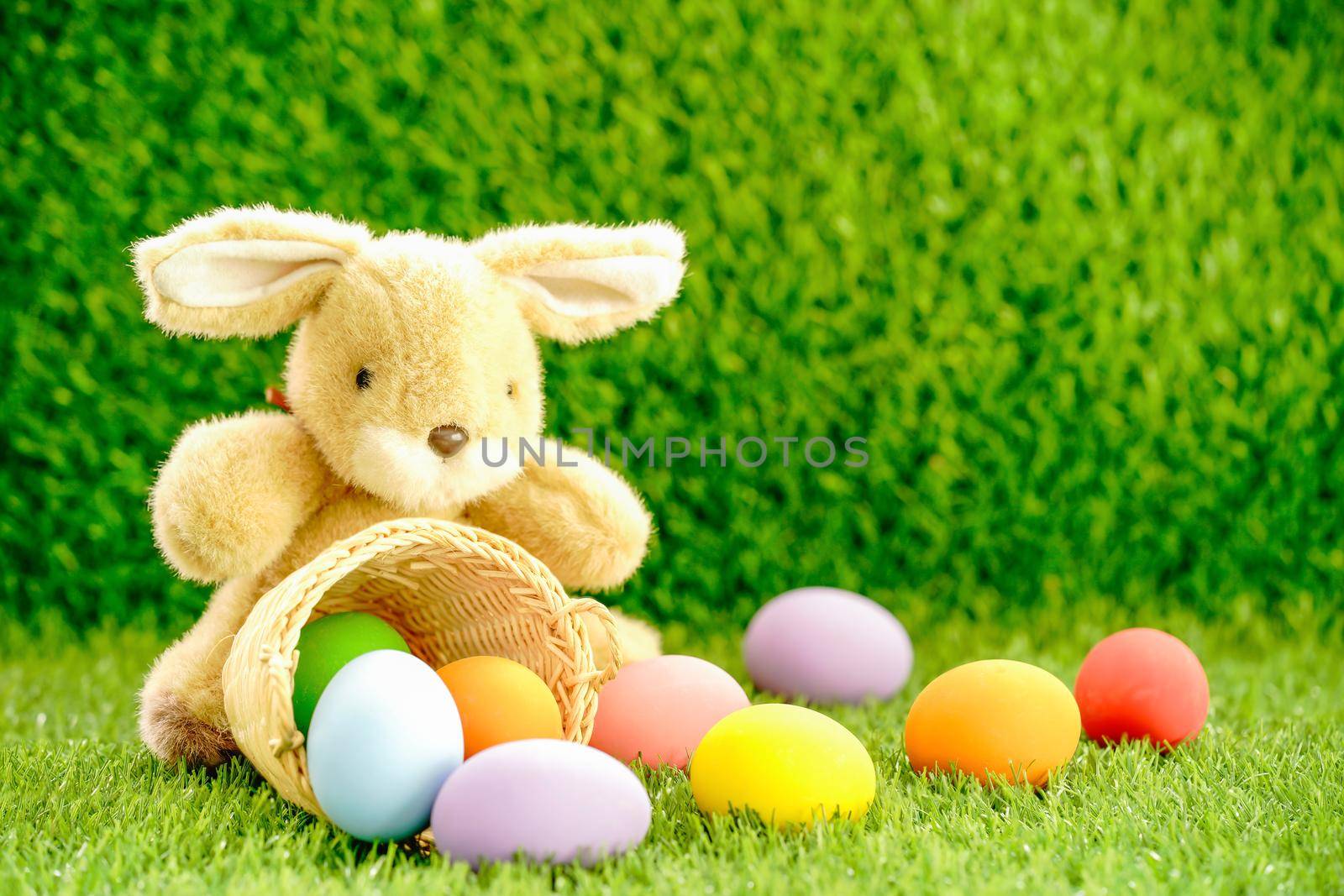 Easter bunny toy and Easter eggs in basket on green grass