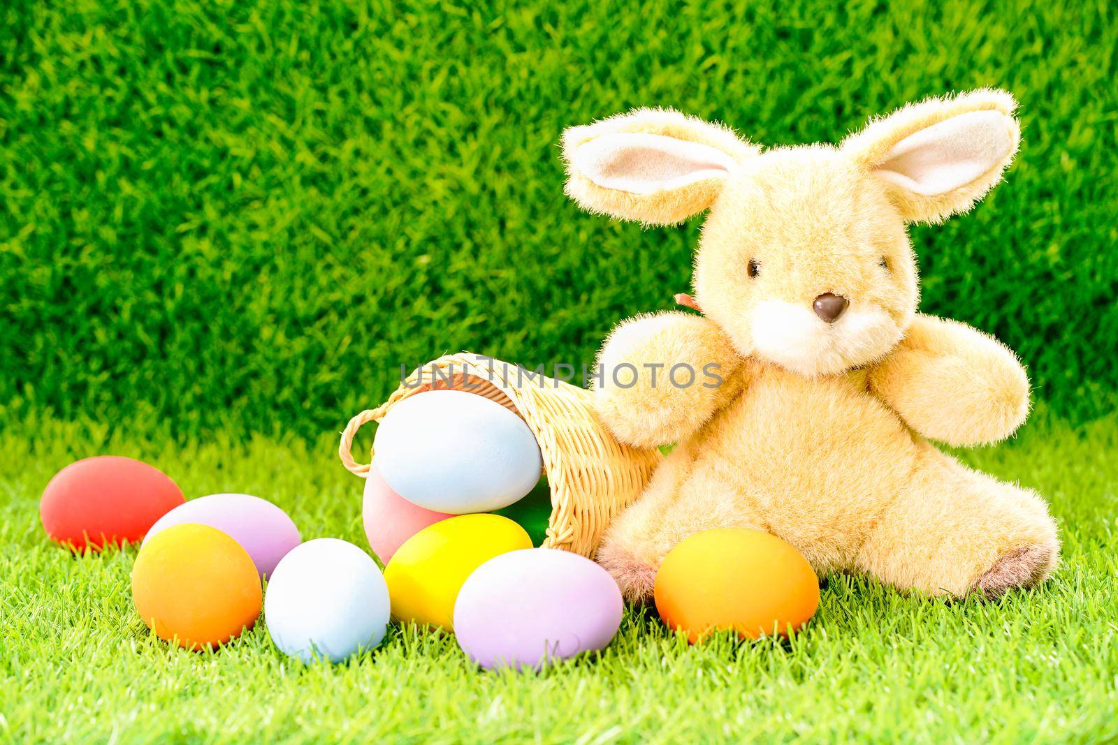 Easter bunny toy and Easter eggs in basket on green grass