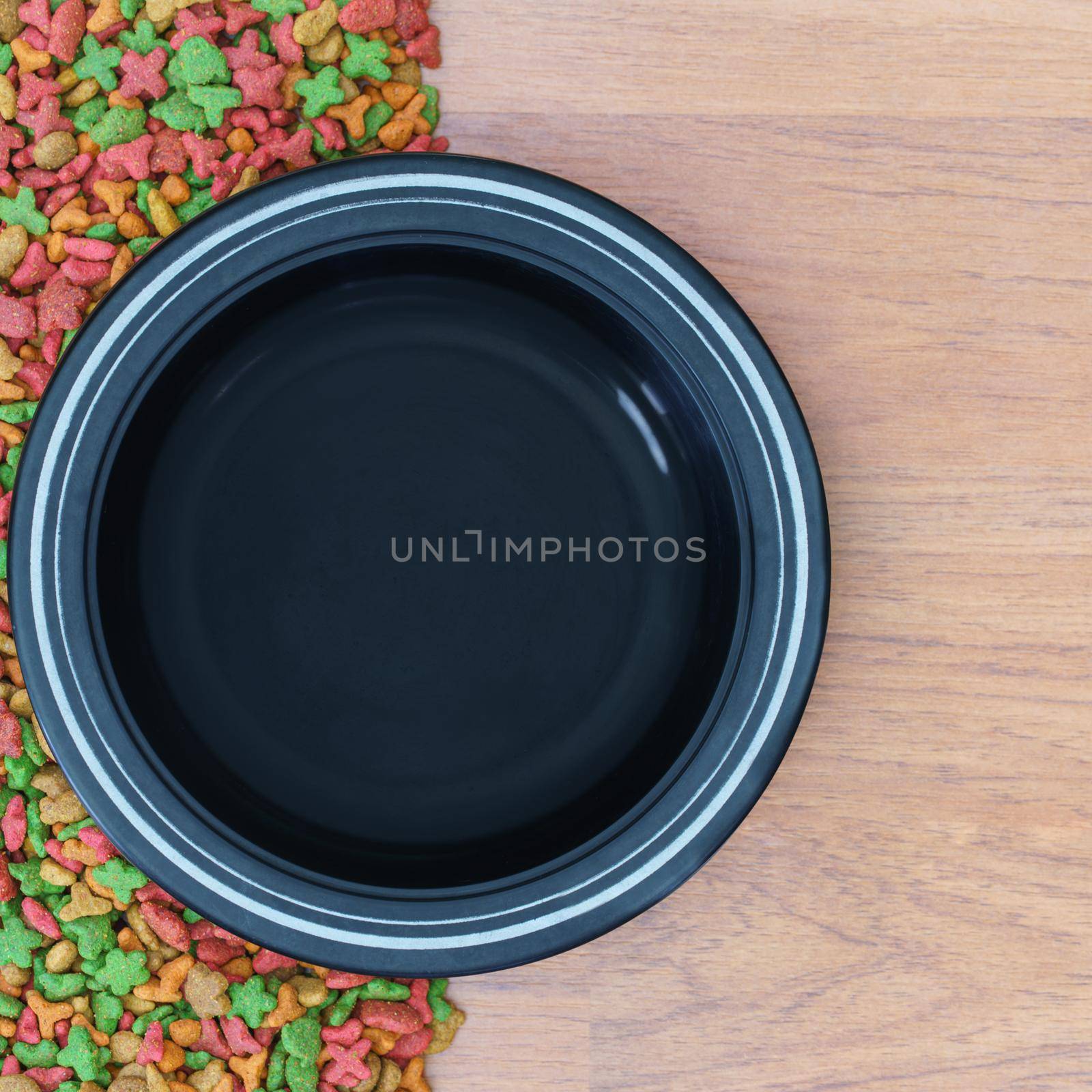 Top view dry food for cat and dog with empty bowl