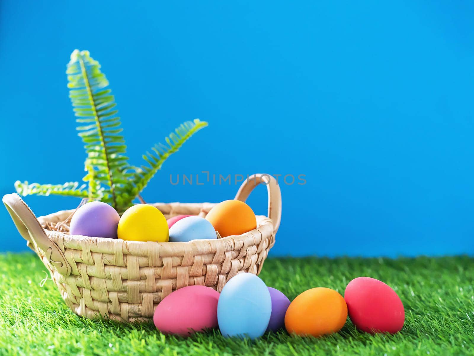 Colorful easter eggs in the basket on green grass background with copy space