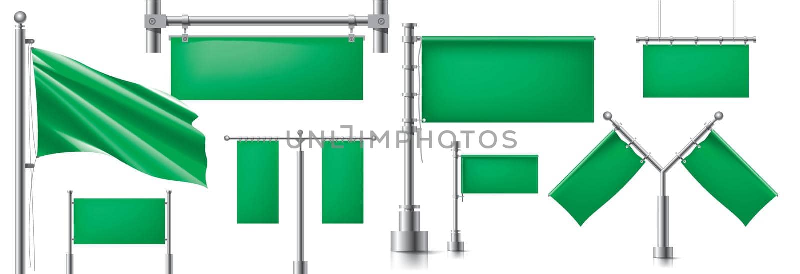 Large vector set of green flags, ribbons and various design elements.