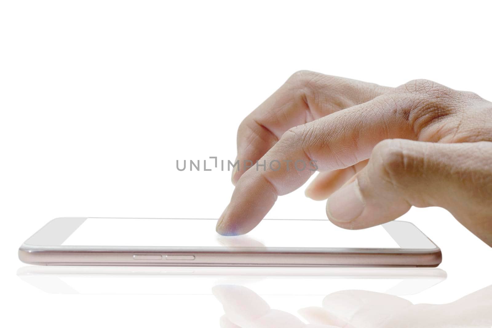 Mockup of a blank white screen cell phone. Man hand holds smartphone using mobile for message chat. White background empty space for advertising business 
